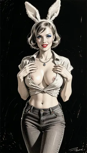 (Line art:2), (monochrome sepia ink drawing, no other color:2), (black and white:2), black background., 1woman, solo, (front view from below), (frog perspective wide frame drawing of extremely submissive coy 30yo 1950s middle-class housewife standing posing), unbuttoned blouse, Woman standing, (with completely closed legs:2), (and straight knees), She is wearing bunny ears, Her big eyes looking directly at viewer, conveying a sense work of nervousness and eagerness to please. She is smiling nervously, Her hands are touching the cleavage. perfect short bobcut with bangs, beautiful sagging boobs.
tight jeans, long legs, thin, silver-colored chain necklace with a small pendant hangs around neck, resting above cleavage. blue eye make-up, Horny sexy mum. beautiful, very enchanting and attractive. Movie-star material. angular face., (Pronounced waist), . very thin athletic body, pouting glossy red lips, stylized sepia ink drawing, pen and ink technique, with cross-hatching and line work. Style of Stramaglia. Style of Bruno LeCoq. Style of Gotha. Drawn using line drawing and cross-hatching techniques to create volume, depth, and shadows. Drawn on textured paper. Fine lines and shading are visible throughout the drawing. Pen and ink style. Fine marine ink, fine pen and ink lines, surgical precision strokes in the fine details and firmness in the details of the thicker lines. Precise pen shading, ink drawing.