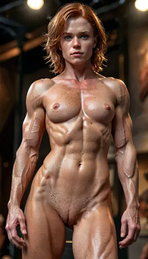 (Masterpiece, 8k, best quality, high definition, ultra-detailed, perfect illumination, finely detail, highly detailed face, highly detailed body, detailed skin texture, soft lighting, atmospheric, photorealistic, best lighting, best shadows, intricate detail, high quality), beautiful redhead bodybuilder, 21yo, very short hair, very muscular body, slender, sporty, fit, sturdy, brawny strong body, hot, sexy, very muscular shoulders, very muscular flat chest, very muscular abs, narrow hips, very muscular legs, bright makeup, proudly demonstrates her naked body, (on stage), (in pose of slutty lewd whore), ((fully nude, completely naked, totally bare body)), full-body view, <lora:detailed_notrigger:1.5>, <lora:add-detail-xl:1.4>, <lora:LCMTurboMix_Euler_A_fix:1.3>, <lora:style_lora_realis:1.2>