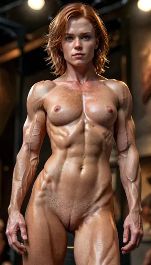 (Masterpiece, 8k, best quality, high definition, ultra-detailed, perfect illumination, finely detail, highly detailed face, highly detailed body, detailed skin texture, soft lighting, atmospheric, photorealistic, best lighting, best shadows, intricate detail, high quality), beautiful redhead bodybuilder, 21yo, very short hair, very muscular body, slender, sporty, fit, sturdy, brawny strong body, hot, sexy, very muscular shoulders, very muscular flat chest, very muscular abs, narrow hips, very muscular legs, bright makeup, proudly demonstrates her naked body, (on stage), (in pose of slutty lewd whore), ((fully nude, completely naked, totally bare body)), full-body view, <lora:detailed_notrigger:1.5>, <lora:add-detail-xl:1.4>, <lora:LCMTurboMix_Euler_A_fix:1.3>, <lora:style_lora_realis:1.2>