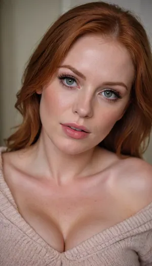 soft lips, mesmerizing eyes, redhead teacher, seducing viewer, romantic atmosphere, busty, curvy, close-up, mommy fetish, straight hair, secret fling, off-shoulder, fluffy sweater, sweaty skin, closet, undressing, wet