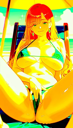 A full-length anime hentai image. A brunette model with long wavy hair and piercing green eyes, seated on a chaise lounge on the deck of a modern yacht, stands out against the azure sky and endless ocean. She wears a sheer silk bikini with lace, intriguing details and textures that sparkle in the sun. The bikini bottoms are slightly parted, allowing the model access to her private area for masturbation. Seated on a chaise lounge, she strikes a dynamic pose, perfect for a fashion shoot, creating an impression of movement and energy. With her legs spread, she lights up her face with a mysterious and mischievous smile. With one hand, she strokes a nipple, the other caresses her shaved vagina, massages her clitoris, and masturbates. The sea breeze blows her hair, creating a gentle, wavy effect. In the background, the endless blue sea stretches out, its waves gently caressing the yacht's hull. The yacht, deck, and lounge chair are meticulously detailed, with a woman sitting on one. The sun hangs low over the horizon, bathing the entire scene in a warm golden light. The light is soft and gentle, with a subtle contrasting edge around the woman's figure, highlighting her form. The atmosphere is calm and peaceful, with the subtle scent of seawater and a salty breeze. The composition is tight, with the woman occupying most of the frame, and the sea serving as a deep blue backdrop. The camera is close, focusing on the woman's face and figure, while the background is slightly blurred, creating a sense of depth and distance. The overall effect is calm and carefree, as the woman enjoys relaxing on a yacht on a sunny day, <lora:a31_style:.8>, fingering, pussy, <lora:2FingersSDXL_v03:.8>