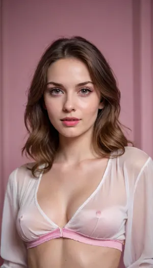 beautiful sexy slender young lady, hot sweaty pale white skin, kind soft, flirty eyes, flirty smirk, loose white shear blouse revealing midriff and cleavage, pink panties