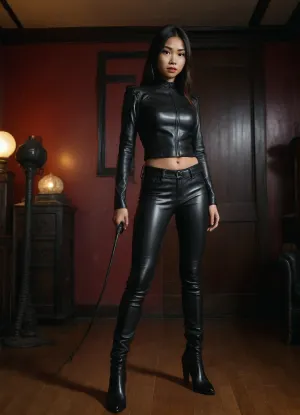full body view, asian girl, 18 years old, standing, mean face, presenting a black leather whip, dominant attitude, black leather boots, black leather pants, black leather top, standing in a brothel room