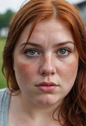 sweaty summer heat, the round, plump face of a 21-year-old fat woman, full lips, greygreen eyes, messy wet red hair, freckles, very sweating