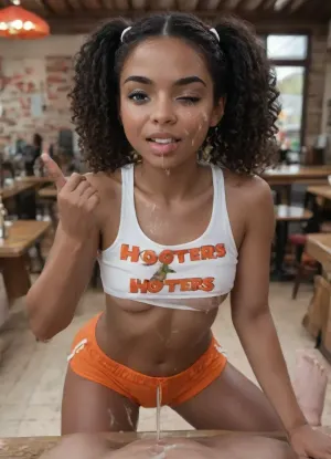 (More cum layers:1.2), (detailed one eye closed and covered with thick white cum:1.3), viewed from high pov, anime, (anime:1.2), BREAK, high male pov body, (pov hand giving a wad of cash to girl), girl standing at the opposite side of the table, leaning forward over table, viewer sits down inside a lively hooters food restaurant after ordering food. After a short moment, a gorgeous 25 year old dark ebony African girl, (detailed long curly black hair in high thick curly pigtails), and wide open very large blue eyes. She is wearing orange micro hot shorts and a low cut white underboob crop top. She has natural small breasts and the downblouse view of her top occasionally shows one of her erect long nipples, nipslip. She is shocked, surprised and disgusted as viewer's penis shoots a huge very large cum string ejaculation, hitting her in the eye, thick cum splashing on her face, eye, into her hair and all over her clothes, cum drips down from face onto her breasts, clothes and french fries as she closes her eye that is covered in cum. Viewer holds out a wad of cash in his hand telling her to eat the cum covered food if she wants the money. She looks at him with total disgust and anger, and she yells at him saying "Fuck You!" while showing him the middle finger., hooters food restaurant, gorgeous, tiny, 25 year old, (detailed very dark ebony skin), (detailed more thick white cum on her belly), (detailed thick white cum on hair), (more cum splatter, after bukkake), (detailed dark north African girl), starved, thin, young gymnast body, no bra, (detailed clinging thin orange micro mini hot shorts showing vagina), (detailed large cameltoe:1.1), (detailed clinging wet white cropped tshirt underboob), (long erect nipples), (shocked and happy:1.2), angry, very short, (middle finger), (looking down), (licking lips to taste cum with tongue), french fries, (large cum string ejaculation onto eye:1.2), (facial, facialized, cum, cum on clothes, cum on face, food, cum in mouth, hair, excessive cum:1.3), hamburger, chicken wings, beer, showing, the, middle, finger, <lora:sdxl_middlefinger_v1-step00003900:.8>