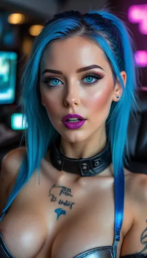 Close up, Cyberpunk style, on a spaceship, 30 year old woman, blue hair half up half down ponytail, neon blue metallic corset, blue eyes, blue lipstick, cleavage, titfuck, cum all over tits and face, open_mouth, realistic, perfect orgasm eyes, cyberpunk, vaporwave, neon, vibes, vibrant, stunningly beautiful, crisp, hyper realistic, sleek, blue highlights, dark blue shadows, <lora:attractive_notrigger:1.5>, <lora:BUT_SDXL_SHS:1.4>, <lora:add-detail-xl:1>, <lora:JustCum:1.8>