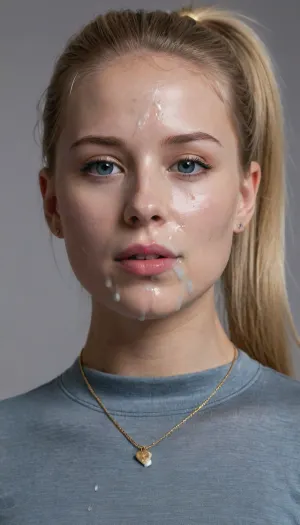 portrait of a young woman, slim, blonde, tight ponytail, flatchested, wearing a gray blue tight shirt, gold necklace, (cum on face, thick white cum:1.2), . woman, cum, on, face, <lora:JustCum:1.4>