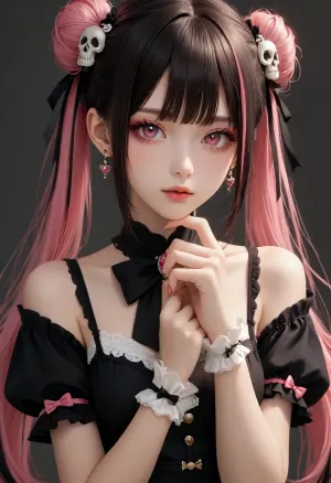 1girl, solo, long hair, breasts, looking at viewer, bangs, simple background, black hair, hair ornament, dress, bow, ribbon, bare shoulders, twintails, jewelry, very long hair, upper body, pink hair, short sleeves, multicolored hair, earrings, parted lips, detached sleeves, sleeveless, puffy sleeves, hand up, bowtie, pink eyes, grey background, hair bun, nail polish, black dress, puffy short sleeves, wrist cuffs, double bun, black bow, makeup, sleeveless dress, black background, brooch, gem, pink nails, skull hair ornament, <lora:Dusk_XL_Goth_Moon_dadapt_cos_1e-7:.8>