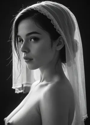 side profile of nude torso of curvy woman in her 40s, partially illuminated by a thin sliver of light, woman partially hidden in inky shadow, gauzy wispy veil loosely wraps her entire torso, prominently erect nipples, (black background:1.1), noir style, black and white photography, (close-up:1.1), (high contrast:1.3), (black and white photography, monochrome, black and white:1.5), ral-chrosc-bw, <lora:ral-chrosc-bw:2>, PEHighContrast, Simple, Background, high, Contrast, <lora:PE_HighContrastStyleV1:.8>
