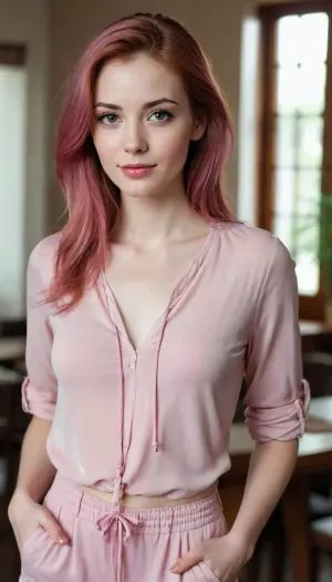 beautiful sexy slender young lady, hot sweaty pale white skin, kind soft, flirty eyes, flirty smirk, pink brown hair, drawstring pants, loose blouse