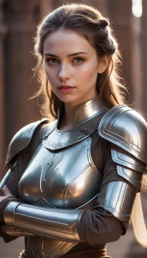 beautiful sexy slender young lady, hot sweaty pale white skin, kind soft, flirty eyes, flirty smirk, full ancient jedi battle armour