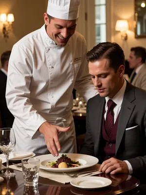 A charismatic chef in a pristine white chef's coat and hat, engaging with a well-dressed guest in an elegant fine dining restaurant. The setting features soft, ambient lighting with golden hues reflecting off polished wooden tables, accented by delicate crystal glasses and fine china. The chef smiles warmly, gesturing with an open hand toward an intricately plated dish on the table, while the guest, in a tailored suit, looks down attentively at his meal, conveying fascination. Use a rich colour palette, emphasizing deep burgundies and soft creams. Employ a realistic style, capturing textures in fabrics and dishware and the intricate details of the dish. Convey a sophisticated atmosphere that feels both intimate and luxurious, with blurred figures of other guests in the background. Focus on the expressions of delight and engagement, with the chef slightly leaning forward, suggesting lively conversation. Aim for high quality and high detail.