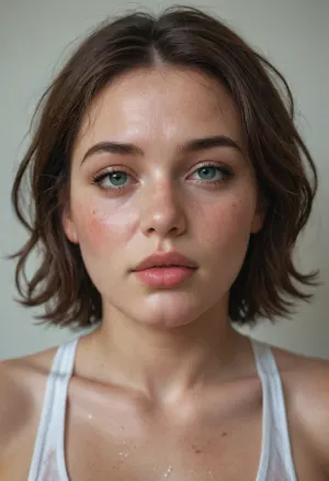 sweaty summer heat, the round, plump face of a 21-year-old fat woman, full lips, greygreen eyes, messy wet red hair, freckles, very sweating