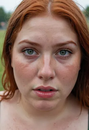 sweaty summer heat, the round, plump face of a 21-year-old fat woman, full lips, greygreen eyes, messy wet red hair, freckles, very sweating
