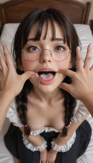 Thick Eyelashes, tiny, slender, skinny, petite, small, Beautiful Face, Steamy Breath, Hentai adult woman, Looking at Viewer, blushing, black hair, twin braids, blunt bangs, Round glasses, wide eyes, brown pupils, one mole next to the lip, anime style, White and black Maid clothes, long skirt covering legs, thick eyelashes, perfect eyes, best detailed hair, bright Purple eyes, bed, dark bedroom, night, closed mouth, wavy mouth, smile, pale skin, blush, lovely, beautiful face, ultra detailed, face close up, tongue out, lots of spit, saliva dripping down, sweating, top down view, on knees, submissive, open mouth, fingers in mouth, shocked, embarrassed, mouth filled with cum, cum overflowing from her mouth, hungry, blushed, cum in mouth, cum in hair, cum in face, cum on body, excessive cum drool, of joy, pov, man hands grab, grabbing, viewers fingers in mouth, hair, bangs, steamy breath, wide angle, love heart, Japanese moaning effect, double piece sign, big heart eyes, nipples tits