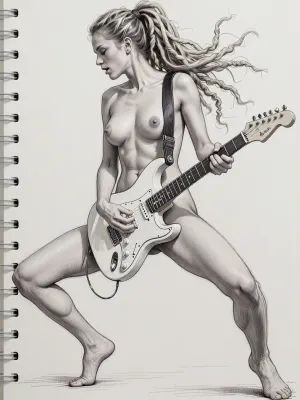 ((full body view)), ((Rough charcoal sketch on white paper)), 23 years old woman, ((skinny figure)), ((naughty pose)), ((clean line art)), she dynamically plays a electric guitar, Legs spread wide, upper body in rhythmic movement, her long blonde dreadlocks flies back, her breasts bounce very sexy, slim natural body, perky natural boobs, side view, close up face side front angle
