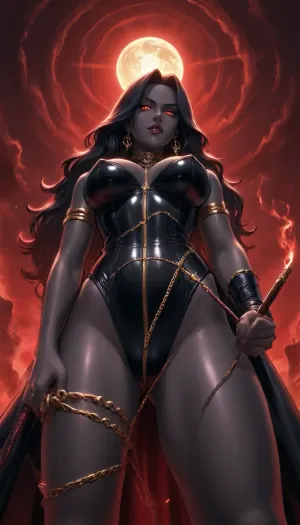 reiq style, Masterpiece, (Vespera ancient dominatrix goddess, (dominatrix), divine aura, (pitch black skin:1.5), long flowing black hair, glowing crimson eyes, cruel seductive expression, glaring eyes, wicked smile), wearing a black dominatrix outfit with gold chains and runes, dominating pose, whip, standing over viewer, low bottom view, dark temple background, dark red background, eclipse, dark fantasy