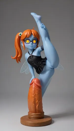 high quality fantasy art of a beautiful adorable super cute femboy fairy made of red snow, glowing within, delicate figurine, kawaii, chibi, adorable, ginger, glasses, big ass, flexible, spreading legs, arched back upwards, goth, 30 year old, wery long hair, (skinny:2), (belly bulge:1.4), futa masturbate your huge horsepenis, ginger heir, Squatting, (((Giant pussy BlackDildo))), hyper massive huge extreme insane pussy dildo, extreme pussy insertion, Largest dildo possible, huge pussy toy, full body view, extremely wide dildo too big for futa and stretches pussy to breaking point, hyper extreme dildo wider than her thigh, pussy dildo, extreme insertion, hyper insertion, Biggest dildo imaginable, show full body in view, tiny odd little pixie, long spindly arms and mantis-like proportions, no pupils, glowing eyes, anime style, blue skin, f/1.4 lens, bokeh, tiny Daisy fairy princess, insect wings, see-through gossamer, in heat, in a video game, bombshell hair, glowing ginger hair, side ponytail, handstand, <lora:EnvyPixieXL01:1.7>