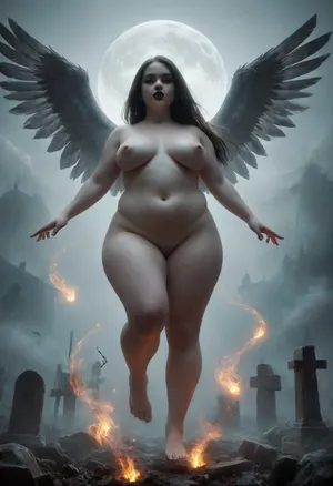 A decaying cemetery at night. The full moon peeks through the clouds. White fog comes out of a grave. A obese ghostly girl appears out of the fog. She spread her arms. She is standing 4ft up in the air. She is completely naked, unnaturally white skin, unnaturally fully black eyes, dark black lipstick, extremely long hair, unnaturally white hair, slim body, full nude, extremely short body, extremely chubby, extremely wide hips, fat butt, extremely chubby chest, extremely petite, bottom view, floating in the air, dark, evil, angel, fire, misty, ghost, floating, ais-ghostly, mentixis, metix, <lora:Halloween_Series_Evil_Angel:.6>, <lora:PAseer-SDXL-MistyGhost:.7>, <lora:Ghostly_Style_SDXL:2>, <lora:mentixis:1.4>, <lora:ahxl_v1:2>