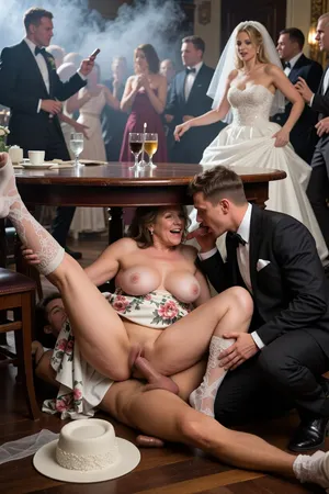 A 60-year-old granny, a fat mother of the bride, hiding under the table, spreading her legs wide, impaled her pussy on the penis of a young man, a fully formally dressed man with a big dick, (squatting under the table:1.6), ((sits astride the penis of a lying man:1.8)), ((fucks a young slender man's dick:1.8)), (vaginal sex:1.9), . Both are under the table, she is in an elegant floral dress, (the skirt of the dress is pulled up:1.4), (visible hips:1.4), the hem of her dress is pulled up to her waist, her massive saggy breasts stick out and hang down, ((huge breasts:1.8)), her wedding hat is lying on the floor, an orgasmic smile, thick hips and panties pushed aside, she is an old sweaty brunette with disheveled hair, (((half the length of the penis in pussy:1.9))), ((sex rider:1.8)), (the man looks like he's having an ejaculation:1.4), the two of them hide and fuck under the table, focus on sex, on penetration, a young bride in a wedding dress and several drunken guests are dancing famously against a blurred background, the bride is dancing with the fluttering hem of her wedding dress, ((lace stockings with elastic bands are visible under the wedding dress:1.5)), the ballroom is filmed from above, cigar smoke mixed with dust in the air, cinematic dim lighting, tense, but the charismatic atmosphere, the crowd of people, the clouds, the smoke, the cloudy atmosphere, the fog.