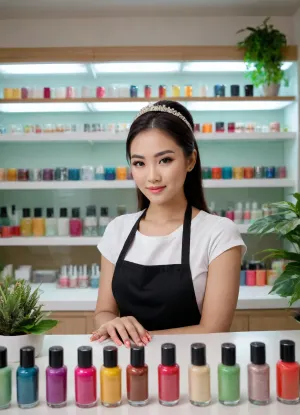 Beautiful Asian cosmetologist in a beauty salon, (perfect hands), apron, she organizes a display case of nail polish vials, a sequin headband holds her hair back, salon with lots of potted plants, fluorescent lighting mixed with large glass windows providing natural light, high quality image, professional photography.