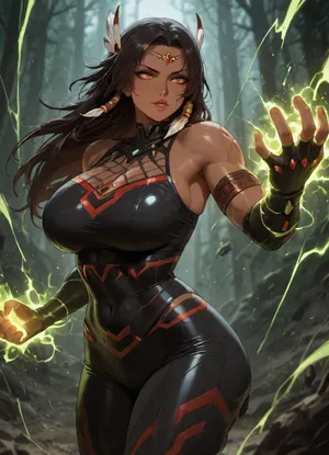 Native woman. Athletic. Large breasts. Fit. Strong. Glowing hands, blasting energy. Spider themed super hero.