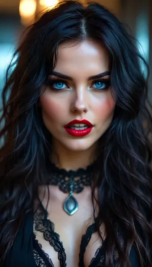 neonpunk style, woman, women, beautiful 30 year old vampire, close up face, long wavy black tousled hair, (32k, RAW photo, best quality, masterpiece), fashion makeup, deep red lips, perfect blue eyes, (vampire fangs), ((fangs)), seductive look, <lora:attractive_notrigger:2>, <lora:BUT_SDXL_SHS:1.7>, <lora:RMSDXL_Darkness_Cinema:.9>, <lora:Vivid Midjourney mimic - XL SDXL v2.0:2>