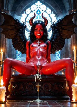 A small richly decorated Baroque chapel, night, candlelight only, mystical light, fog waving on the floor, a richly decorated altar, altar candles, a large crucifix, one large Bible, wide angle, one young devilgirl, young devilgirl sitting on altar, legs spread, presenting wet pussy, (cum runs out pussy), on the altar, girl fully naked, (short body), extremely flat chest, slender girl, evil smile, black hair, darkred skin, horns, black wings, (cum all over, mess of cum, white thick cum, cum run down body), <lora:ahxl_v1:2>