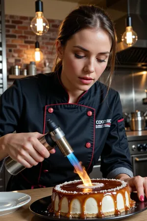 A close-up of a beautiful female chef, completely absorbed in her work and dressed in a dark designer chef’s jacket, using a culinary torch, (flambé), to create a caramelised sugar crust on an exquisite dessert. In the background is the restaurant’s luxurious kitchen, with the warm glow of Edison bulbs, exposed brick walls and gleaming stainless steel, creating a cosy yet sophisticated atmosphere. Volumetric lighting, the aesthetic of a cookery magazine cover, hyperrealism.