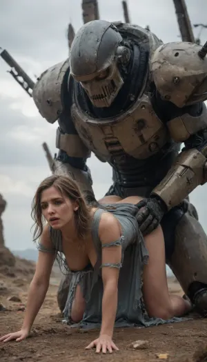 Erotic science fiction scene. Hyper realistic, (huge male robot machine), rough doggystyle fucking, (a beautiful captured princess, submissive, wearing, (torn princess dress)), outdoor, space knights in background, dieselpunkai, <lora:DieselPunkAIv2p:.8>