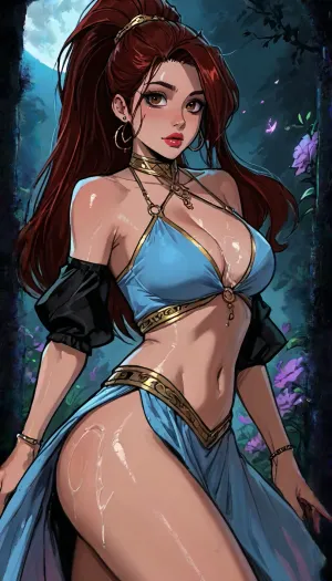 ((Melkor mancin meet markgavatino style)), ((perfect brown eyes looking at viewer)), ((Arabic princess in an intricate embroidered outfit, tight short micro skirt)), (slut pose:1.4), ((large plump cleavage)), (dark moon garden:1.3), glowing purple flowers butterflies, (reiq style), Score_9, score_8_up, score_7_up, masterpiece, (1woman, 8k resolution, ultra-detailed), large booty, (ass leaking fluid), solo, ratatatat74, super thick long hair complex ponytail, hair trinkets, bright lipstick, bright eyes, <lora:LCMTurboMix_Euler_A_fix:1.1>, <lora:ratatatat74-000050:1.1>, <lora:EnvyAnimeDigitalPaintingXL01:1.1>, <lora:SDXLSamDoesArts:1.1>