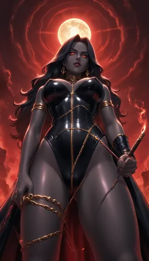 reiq style, Masterpiece, (Vespera ancient dominatrix goddess, (dominatrix), divine aura, (pitch black skin:1.5), long flowing black hair, glowing crimson eyes, cruel seductive expression, glaring eyes, wicked smile), wearing a black dominatrix outfit with gold chains and runes, dominating pose, whip, standing over viewer, low bottom view, dark temple background, dark red background, eclipse, dark fantasy