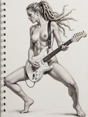 ((full body view)), ((Rough charcoal sketch on white paper)), 23 years old woman, ((skinny figure)), ((naughty pose)), ((clean line art)), she dynamically plays a electric guitar, Legs spread wide, upper body in rhythmic movement, her long blonde dreadlocks flies back, her breasts bounce very sexy, slim natural body, perky natural boobs, side view, close up face side front angle