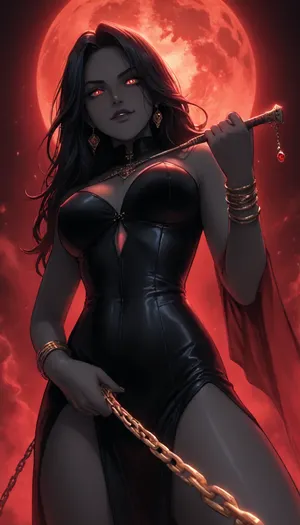 (Melkor mancin meets markgavatino style), reiq style, masterpiece, cel-shaded, limited color palette, (Vespera ancient dominatrix goddess, (dominatrix), divine aura, (pitch black skin:1.5), long flowing black hair, glowing crimson eyes, cruel seductive expression, glaring eyes, wicked smile), wearing a black dominatrix outfit with gold chains and runes, dominating pose, whipping viewer, standing over viewer, low bottom view, (dynamic pose), (dynamic action), dark temple background, dark red background, eclipse, dark fantasy
