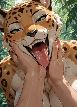 Masterpiece, high Quality, simple background, Best Quality, 1girl, furry, leopard, light-green sclera, black eyes, black nose, whiskers, orange body, orange fur, white body, white fur, two tone body, two tone fur, black spots, spotted body, no humans, looking at viewer, blush, heavy breathing, open mouth, drooling, rolling eyes, saliva, barbed tongue, evil smile, sharp teeth, fangs, toned, nude, Big breasts, dynamic angle, close-up, mouth focus, pov hands, head resting on hand, head tilt, hand touching cheek, fingers on mouth, licking finger, licking hand, interspecies, motion lines, BREAK
1boy, human, light skin, faceless male, outdoors, dappled sunlight, jungle, <lora:add-detail-xl:1.2>, <lora:LCMTurboMix_Euler_A_fix:.8>