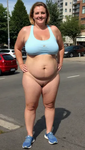 Big Fat Momma full body view.very detailed eyes, very detailed cellulite, ((hairy:1.6)), erotica .Artist_Name, 52yo., (obese:1.4), (((cameltoe:1.4))), short hair, soft smile, stretch, marks, low-hanging breasts, (braless:1.2), veins, pump, up, t-shirt, design, sticker, <lora:sagging-000015:1.7>, <lora:stretch_marks:2>, <lora:veins pump up lora.TA_trained:.8>, bike, shorts, <lora:bike shorts_XL_V1.0:.8>, Syd, Mead, Style, <lora:Syd Mead Style:.8>