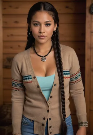 This is a busty beauty, Hopi Indian girl with black hair and long braided pigtails. She has tan skin. She is wearing a wool cardigan with Native American print. The sweater is unbuttoned. Her saggy, soft, large, pendulous breasts are visible. She has brown nipples. She is also wearing tight jeans. She is wearing Native American necklace, earrings, bracelets, and rings. She is playing with her braids. She is in a lodge.