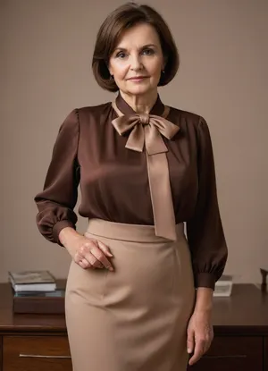 Classy hungarian grandma, ultra elegant minimalistic simple formal business dress with silk bow blouse, without bra, huge ultra saggy breasts, brown hair