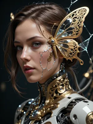 photo, 8k portrait of beautiful cyborg with brown hair, intricate, elegant, highly detailed, majestic, digital photography, art by artgerm and ruan jia and greg rutkowski surreal painting gold butterfly filigree, broken glass, (masterpiece, sidelighting, finely detailed beautiful eyes:1.2), hdr, realistic, high definition