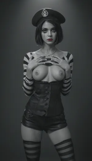 A beautiful woman in a classic mime costume with exaggerated curvy body figures, Deep neckline and a necklace on the chest, Short black shorts and ripped stockings, wearing traditional black and white mime makeup with white face paint, She makes obscene gestures with her hands, hinting at sex, black eyeliner around eyes, red lips, wearing a black and white striped long-sleeve shirt, black pants, black beret, white gloves, standing in a dramatic pose against a dark theatrical background, cinematic lighting, highly detailed, photorealistic, 8k, sharp focus