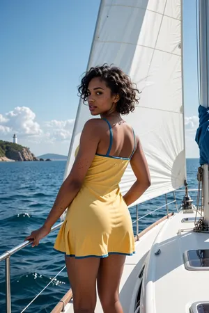 A SFW image of an African American woman in her early 20s with short curly hair. She has Ultra realistic skin texture with blemishes, visible pores. skin pores, natural skin, Realistic textures, detailed skin texture. She is wearing a yellow sundress with blue trim. She is standing on the deck of a sail yacht, facing away from the camera, looking back over her shoulder at the viewer. Her left hand rests on the boat's railing, and her right hand is on her hip. The wind is blowing back her hair and dress.

A bright, sunny day at sea. The sparkling water of the deep blue ocean stretches to the horizon, meeting a sky with scattered white clouds. In the distance, rocky islands and a lighthouse are visible. The scene is aboard a modern white sail yacht, with a large, white sail unfurled and billowing gently.

Realistic digital photography with a bright, airy aesthetic. The color palette is dominated by blues of the ocean and sky, and the crisp white of the sail and hints of green/grey for the distant land.

Bright, natural daylight. The sun is high in the sky, casting bright light on the scene. The sail is illuminated by the sun, creating some textural detail from its folds. There are subtle shadows on the deck and the woman.

A medium shot, angled slightly from the front-left of the boat. The composition is dominated by the large, white sail in the foreground, creating a sense of depth and framing the subject. The woman is positioned off-center, following the rule of thirds. The horizon line is low, emphasizing the vastness of the sea and sky. A shallow depth of field is implied, with the distant coastline being slightly out of focus.