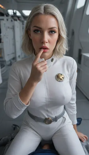 22yo woman, on board Star ship Enterprise, medical bay, sci-fi, dark atmosphere, futuristic hospital, in space, planets visible through window behind her, (sexy star trek outfit:2), small face, round face, friendly face, beautiful face, bimbo make up, mascara, pink lips, puffy lips, platinum white hair, wide curly bob cut, hair not parted, erect hard nipples, ((white jumpsuit, skintight cloth jumpsuit, uniform, grey belt, grey boots, long sleeves, bare hands)), big tits, slim, thin body, thin waist, (Christine Chapel:1.3), Star Trek Strange New Worlds, perfect hands, perfect face, perfect fingers, (oral sex, oral fuck, veiny cock, POV)