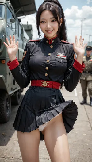 1girl of 29 years old, cute asian, smile, (slim body, slim legs, slim thigh:1.02), (matte black military uniform of wrinkle-free with thin red line, matte black dress mini skirt with frills, pleated wrinkle-free skirt of soft clothes:1.02), (many under skirt of white, peticoat:1.05), (flutter up wildly, lift up skirt, white sexy panty, string panty, ultra-detailed panty:1.07), volumy hair, high-ponytail, (very long straight black hair that reached her thigh:1.03), black eyes, (her breast of G-cups:1.02), spread hands, raised hand, (military, in warship hanger:1.05), (realistic:1.24), <lora:HandFineTuning_XL:1>, <lora:japanese_girl_v1.1:1.4>, <lora:cute_girls_xl_v1:1.6>