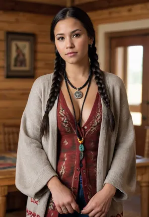 This is a busty beauty, Hopi Indian girl with black hair and long braided pigtails. She has tan skin. She is wearing a wool cardigan with Native American print. The sweater is unbuttoned. Her saggy, soft, large, pendulous breasts are visible. Her breasts are naked. She has brown nipples. She is also wearing tight jeans. She is wearing Native American necklace, earrings, bracelets, and rings. She is playing with her braids. She is in a lodge.