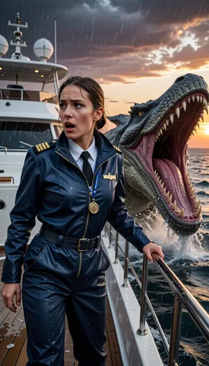 An epic cinematic photograph shot on the bow of a luxury yacht at sunset, where a female ship's captain stands on the rain-swept deck, her face a mix of shock and determination as she stares to her left. She is mid-action, wearing a high-end, tailored navy blue waterproof technical jacket with epaulets featuring captain's rank stripes and a visible brass whistle on a lanyard around her neck, not military. Her rain-soaked hair is pulled back, and she is gripping the steel rail fiercely. Emerging violently from the churning, deep grey-blue sea right next to the boat is a colossal, terrifying reptilian leviathan with a massive gaping mouth full of multi-layered jagged teeth, erupting from the water in a dynamic spray. The monster's wet, ancient scales glisten. Behind her is the modern white yacht structure with satellite domes. Dramatic stormy sunset sky with orange and purple light piercing dark clouds. Rain and sea spray saturate the air. Dynamic composition, high contrast, filmic lighting, extreme detail on her technical jacket and the monster's hide, hyper-realistic water physics.