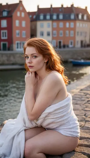 masterpiece, best quality, ultra detailed, photorealistic, 8k raw photo, beautiful 25 year old Scandinavian redhead woman, slightly chubby soft body, full lips, big nose in profile, natural beauty, messy morning red hair held with a plastic barrette, sitting on a blanket on the edge of a stone wall by a city harbor canal during a warm spring sunrise, leaning back casually, facing the water, secretly masturbating, one hand discreetly under her skirt, fingers inside her pussy, subtle pleasure expression, biting her lip, eyes half-closed while fantasizing, wearing a loose oversized sweater with a very large neck opening revealing deep cleavage and the top of her breasts, skirt slightly hiked up, white iPhone earplugs in ears, folded towel and swimsuit beside her, bag next to her, soft warm golden sunrise light, gentle morning glow, old European city buildings in background, a few cars passing, calm and intimate atmosphere, realistic skin texture, depth of field, cinematic composition