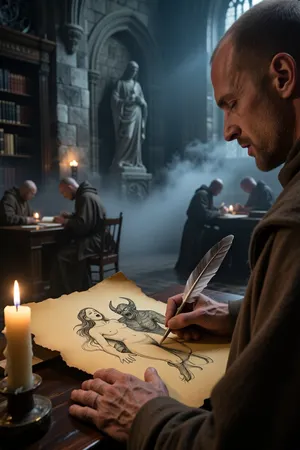 In a 14th-century monastery library, shrouded in thick, swirling fog, towering grey stone walls loom in the dim candlelight, shadows flicker, the air heavy with mystery, a distant stone statue of a saint watching silently, in the foreground a male monk, faintly visible over his shoulder, his weathered, wrinkled hand with unkempt nails and fine hairs, holding a goose quill, The quill traced gently upon yellow parchment, the parchment bears a detailed drawing of a naked slutty and moaning woman has joyful sex with a scary masculine devil, the drawing is highly detailed, ink lines intricate, parchment softly lit by a flickering candle, other monks in the background, blurred, working in silence, the entire scene steeped in dark, mystical, film-noir atmosphere
