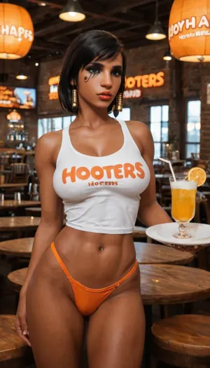 (Pharah:1.4), (overwatch:1.3), Hooters waitress, detailed radiant glowing skin, detailed hair, detailed eyes, detailed bimbo breasts, detailed bimbo makeup. Wearing the iconic Hooters uniform, fitted transparent white tank top with orange Hooters logo and bright orange micro bikini bottom, detailed clothes. Standing confidently in a lively sports bar or restaurant setting with neon lights, wooden tables, and a cheerful energetic atmosphere. Highly detailed, realistic photography style, vibrant colors, cinematic lighting.