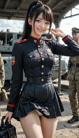 1girl of 29 years old, cute asian, smile, (slim body, slim legs, slim thigh:1.02), (matte black military uniform with thin red line, pleated matte black dress mini skirt with frills:1.02), (many under skirt of white, peticoat:1.05), (flutter up wildly, lift up skirt, white sexy panty, string panty, ultra-detailed panty:1.07), volumy hair, high-ponytail, (very long straight black hair that reached her thigh:1.03), black eyes, (her breast of G-cups:1.02), spread hands, raised hand, (military, in warship hanger:1.05), (realistic:1.24), <lora:HandFineTuning_XL:1>, <lora:japanese_girl_v1.1:1.4>, <lora:cute_girls_xl_v1:1.6>
