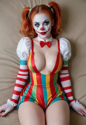 young beautiful girl 18 years old clown girl with big breasts, wearing a pulled-up dress without any underwear, laying on her back with spread legs, no panties, long striped socks, clown makeup, skinny, white face paint, detailed vagina, looking at the viewer, back long high twin multi-colored ponytails, excited, aroused, tack sharp, 4k, dslr